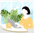Girl working on a laptop at the table on a background of flower pots monsters and windows flat design element online Royalty Free Stock Photo